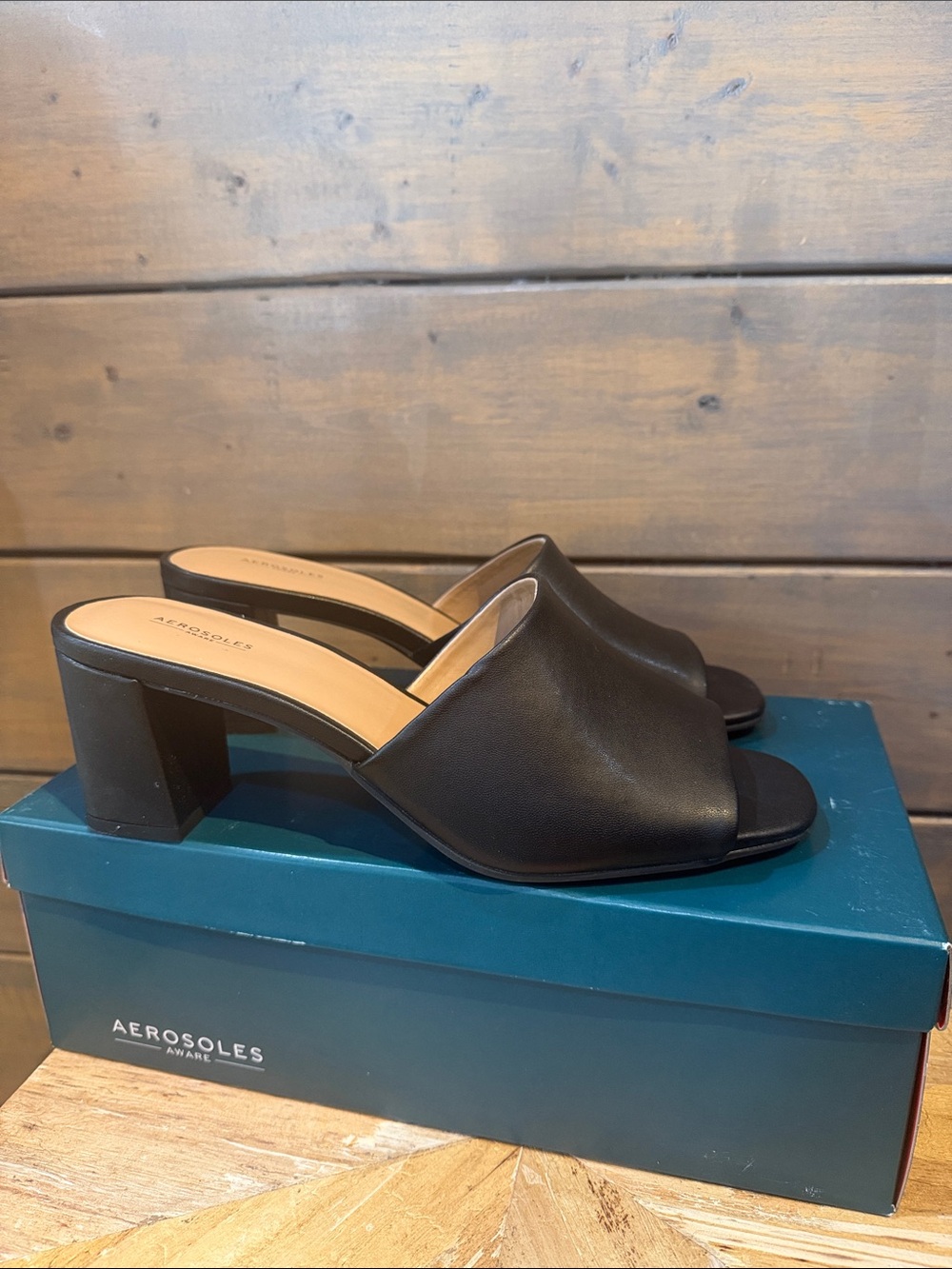 AEROSOLES Black Leather Open-Toe Block Heel Mules
